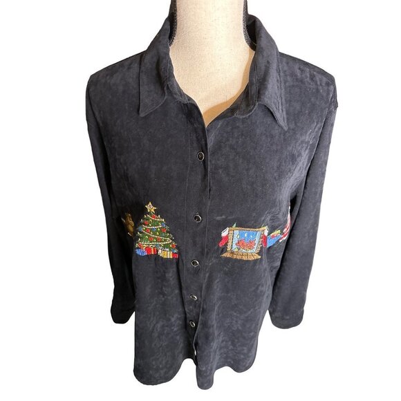 Bill Blass Christmas Shirt Button Up Santa Black Velveteen Fireplace Patches 1X - Picture 4 of 7